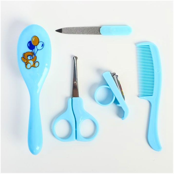 Набор, 5 пр: щётка, расчёска, безопасные ножницы, пилочка и щипчики для ногтей, цвет голубой артикул анонс 1917373