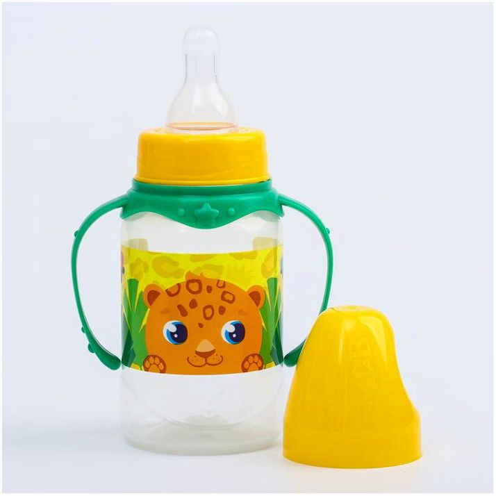 Картинка Бутылочка «ТРЕНД. Леопард», классическое горло, 150 мл., от 3 мес., цилиндр, с ручками, цвет желтый (№4882554) от магазина Мир детей Товары для Новорожденных