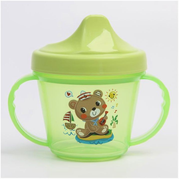 Поильник с ручками и декором, твёрдый носик, 200 мл., цвет салатовый артикул анонс 5477841