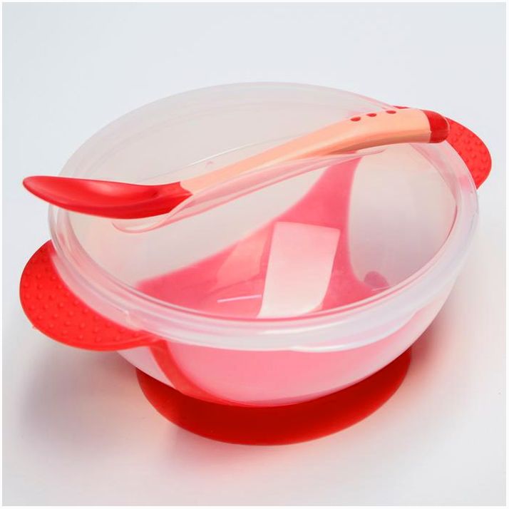 Набор для кормления: миска на присоске 340 мл., с крышкой, термоложка, цвет красно-бежевый артикул анонс 1917376