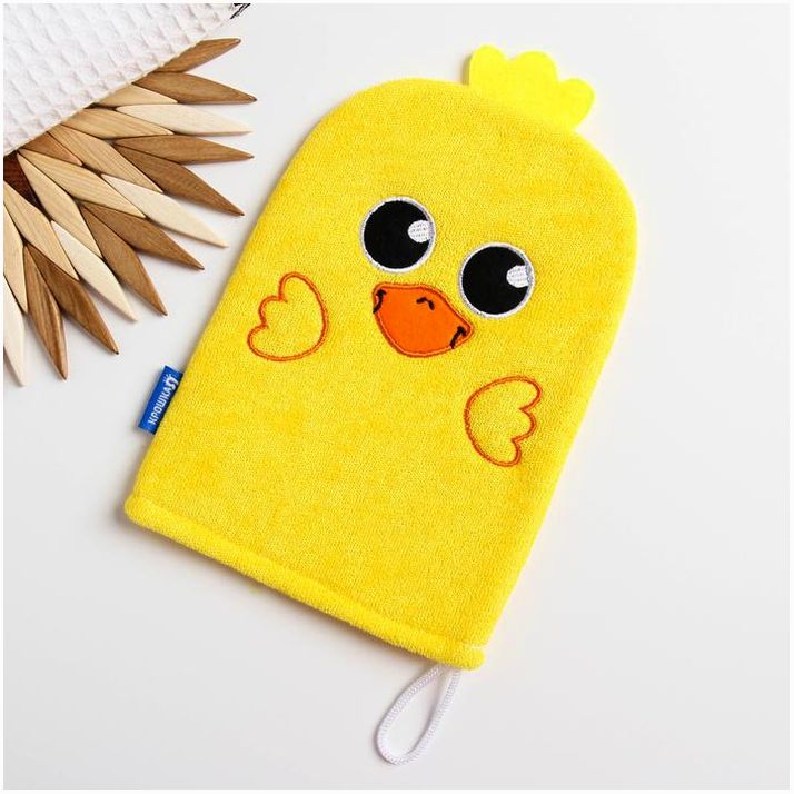 Мочалка детская для купания «Утёнок», варежка, из махры артикул анонс 3612504