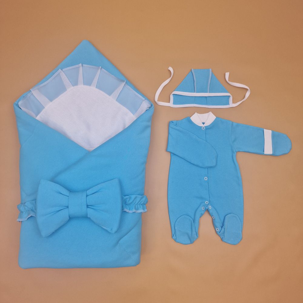 Комплект на выписку 5 пр: одеяло+уголок+комбинезон+чепчик+бант артикул анонс 1893к-0-1_к_10