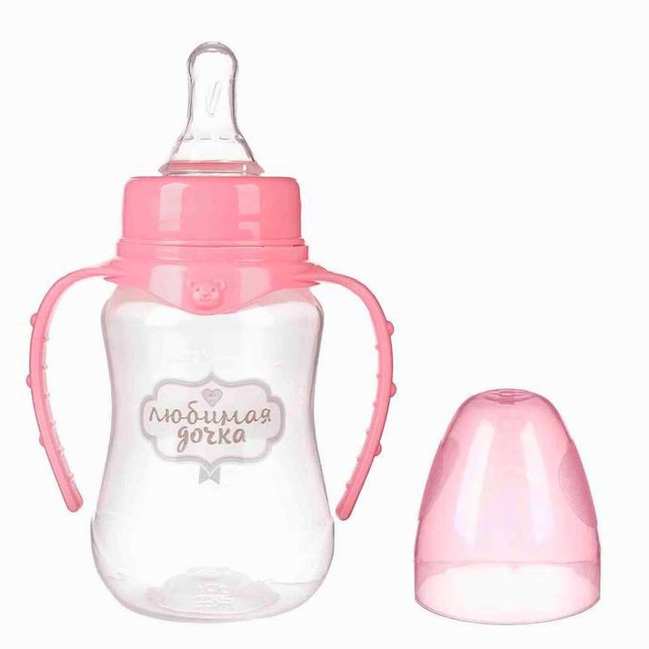 № 2969859 Бутылочка «Любимая доченька», клас горло, приталенная, с ручками, 150 мл, от 0 мес, цвет розовый