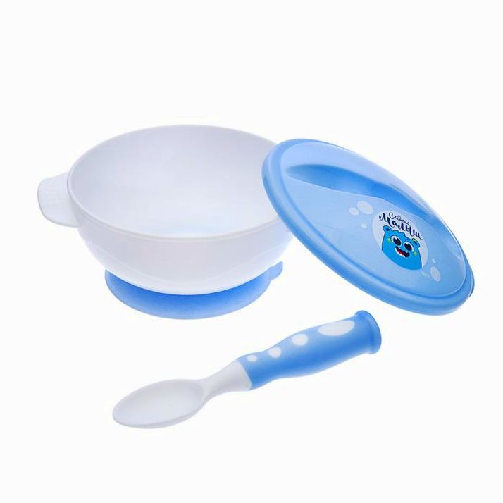 Картинка Набор детской посуды «Сладкий малыш», 3 предмета: тарелка на присоске, крышка, ложка, цвет голубой (№3630403) от магазина Мир детей Товары для Новорожденных