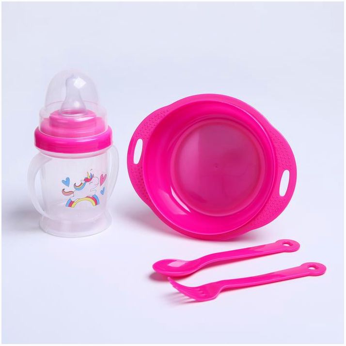 Набор детской посуды «Милашка», 4 предмета: тарелка, бутылочка, ложка, вилка, от 5 мес. артикул анонс 3275228