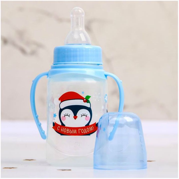 Картинка Бутылочка для кормления «Пингвинчики» 150 мл цилиндр, с ручками (№4403866) от магазина Мир детей Товары для Новорожденных