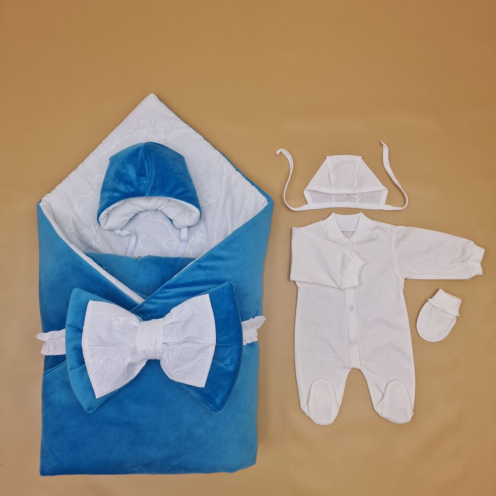 Комплект на выписку 6 пр: одеяло+комбинезон+шапочка+чепчик+рукавички+бант артикул анонс 1886в-0-1_о_16