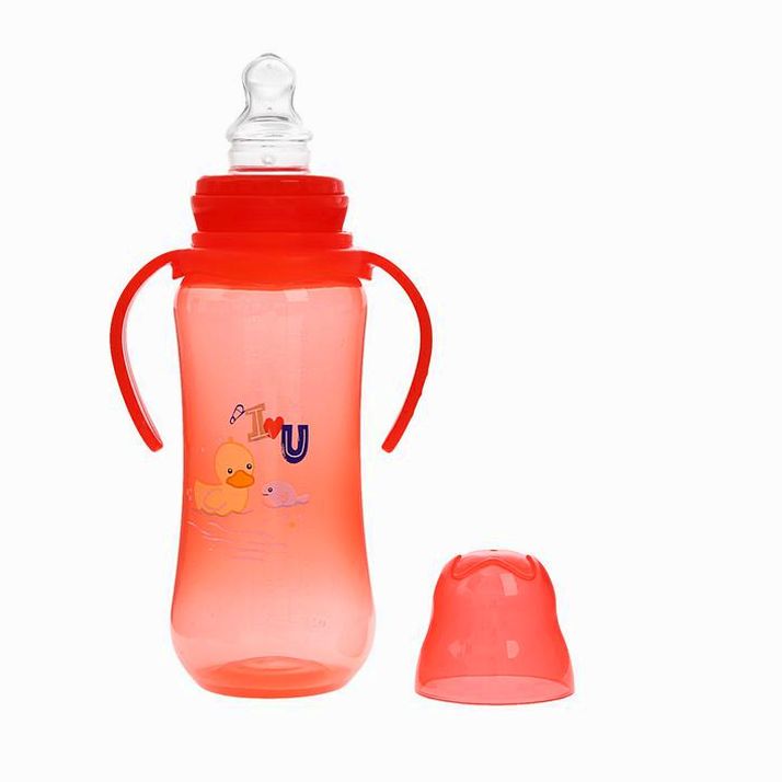 № 2825256 Бутылочка для кормления цветная с ручками, 280 мл, от 0 мес., цвет красный