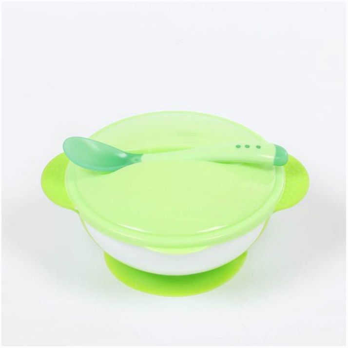 Набор для кормления, 3 предмета: миска 350 мл на присоске, крышка, ложка, цвет зелёный артикул анонс 1886148