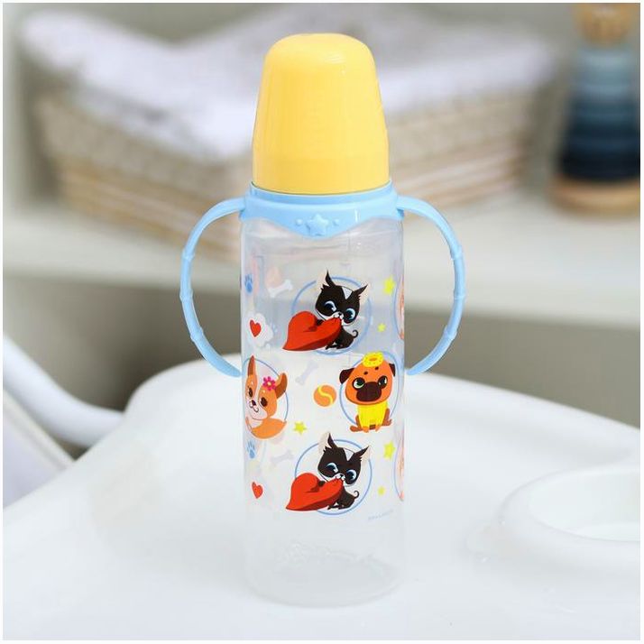 № 4882555 Бутылочка «ТРЕНД. Песики», классическое горло, 250 мл., от 3 мес., цилиндр, с ручками, цвет голубой