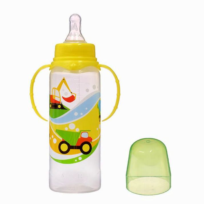 № 2969830 Бутылочка для кормления «Транспорт», классическое горло, с ручками, 250 мл., от 0 мес., цвет жёлтый