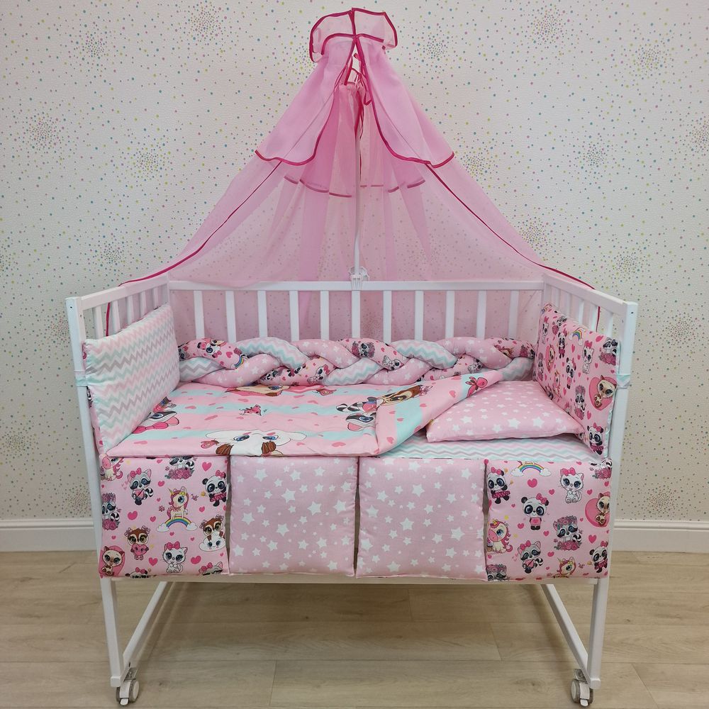 КПБ 15 пр (балдахин + борт + пододеяльник + одеяло + наволочка + подушка + простынь (бязь) коса артикул анонс 1155-0-1_05