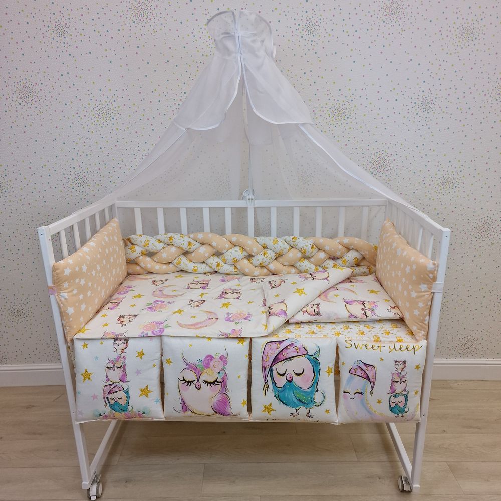 КПБ 15 пр (балдахин + борт + пододеяльник + одеяло + наволочка + подушка + простынь (бязь) коса артикул анонс 1163-0-1К