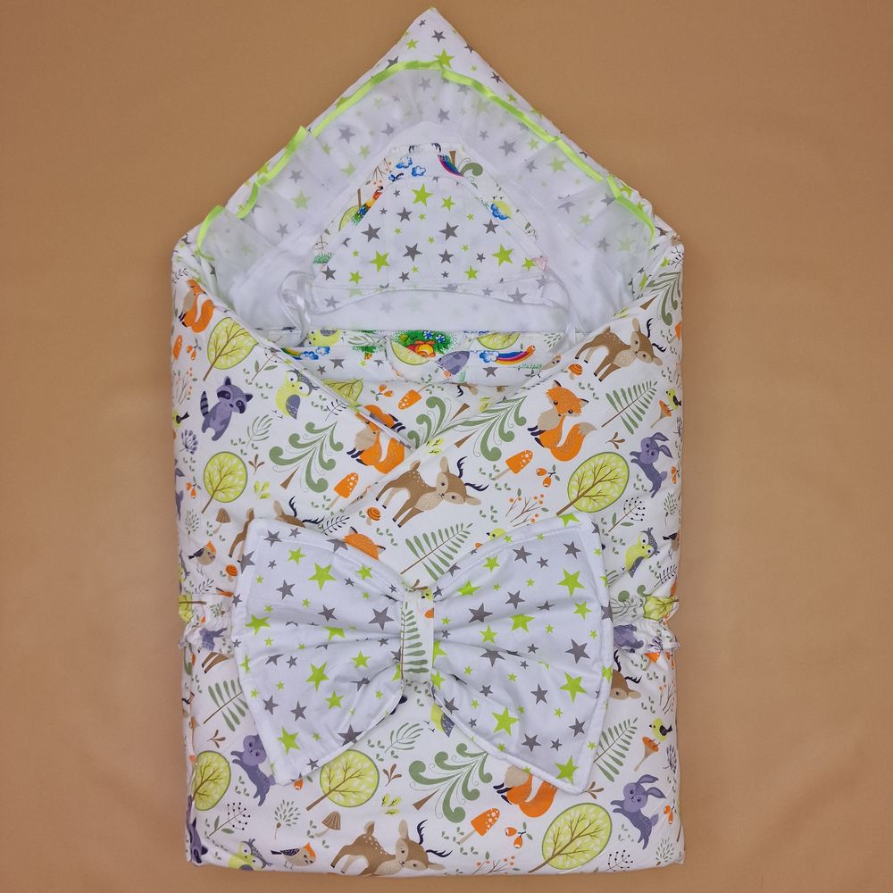 Комплект на выписку 12 пр: одеяло+пододеяльник+уголок+2 пеленки+3 распашонки+3 чепчика+бант артикул анонс 1878б-2-1_о_11