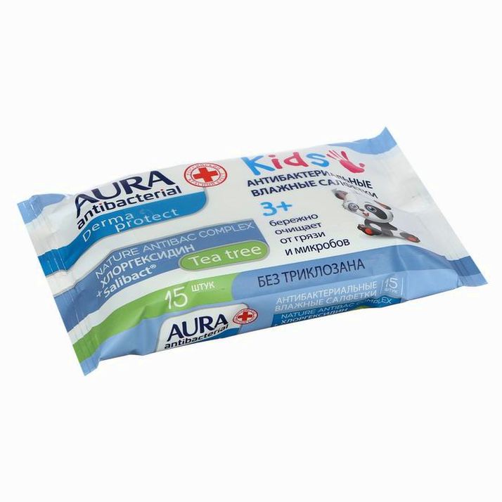 № 5426625 Влажные салфетки AURA, детские 3+, 15 шт.