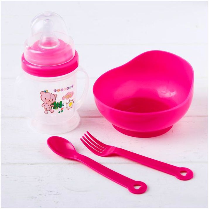 Картинка Набор посуды, 4 предмета: миска 300 мл, бутылочка 180 мл, ложка, вилка, цвета МИКС (№2293759) от магазина Мир детей Товары для Новорожденных