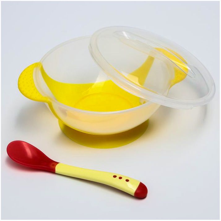 № 1917377 Набор для кормления, 3 предмета: миска 350 мл на присоске, крышка, термоложка, цвет жёлтый