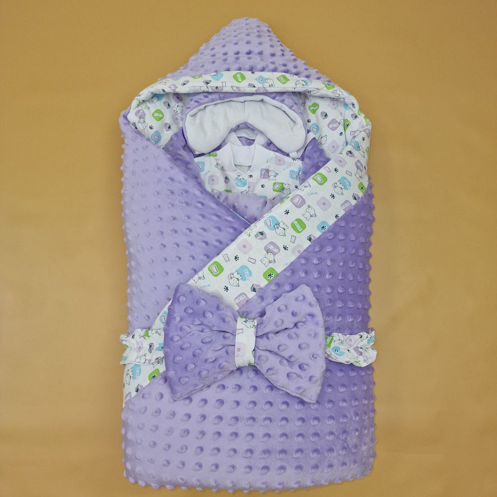 Комплект на выписку 7 пр: одеяло+уголок+конверт+кофточка+шапочка+ползунки+бант артикул анонс 1884в-1-1_о_19