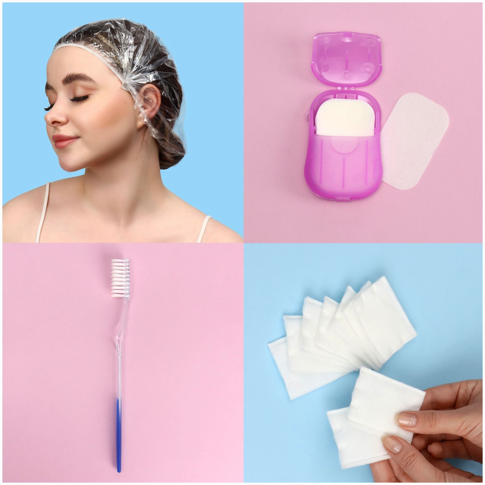 № 9103680 Дорожный набор, 4 предмета, шапочка, щётка, мыло 18 (+/- 2) листов, ватные диски 10 штук