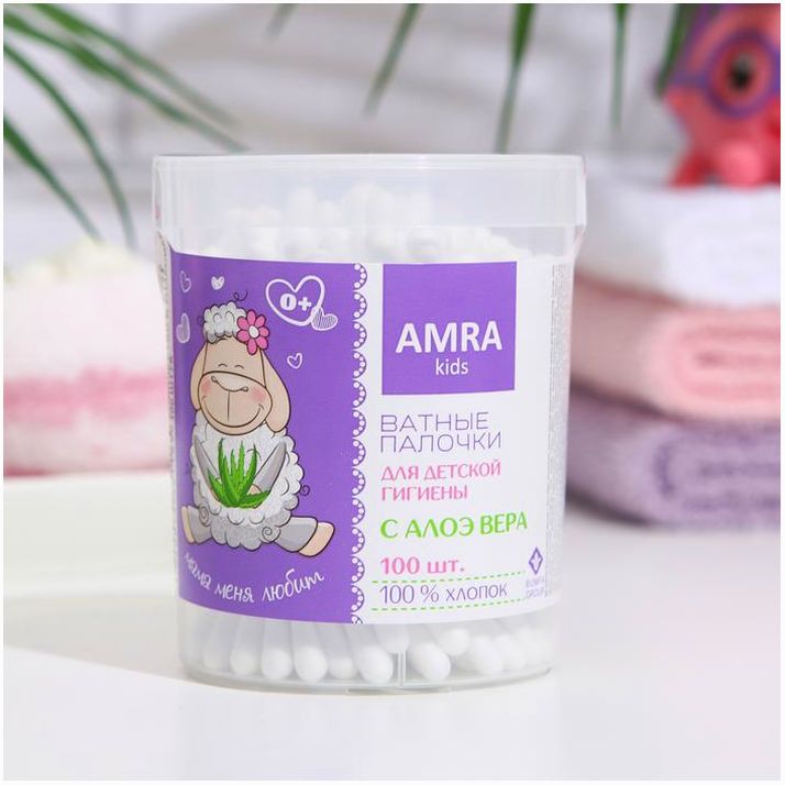 Ватные палочки для детской гигиены Amra с алоэ вера (цилиндр) 100 шт. артикул анонс 7488615