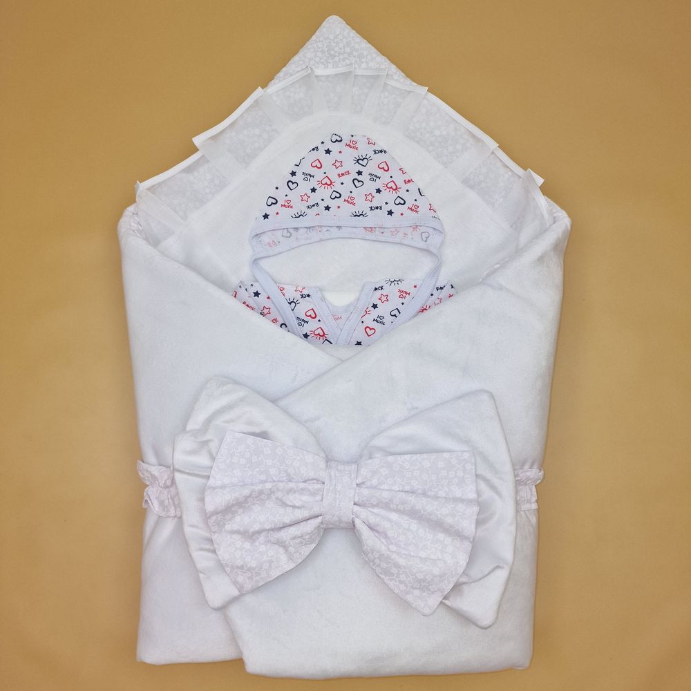 Комплект на выписку 6 пр: одеяло+уголок+распашонка+пеленка+чепчик+бант артикул анонс 1889в-0-2_о