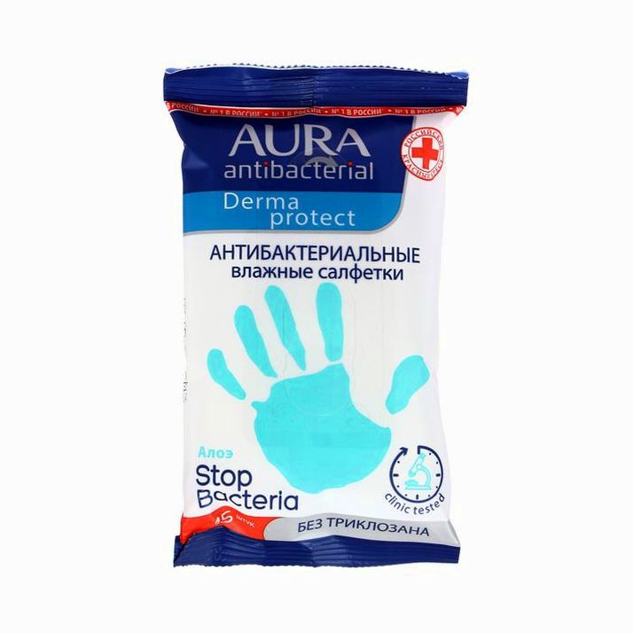 Влажные салфетки Aura Алоэ, антибактериальные, 15 шт. артикул анонс 1386043