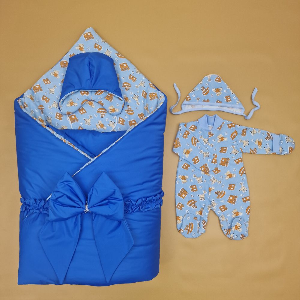 Комплект на выписку 5 пр: одеяло+комбинезон+шапочка+чепчик+бант артикул анонс 1892д-2-2_к_18