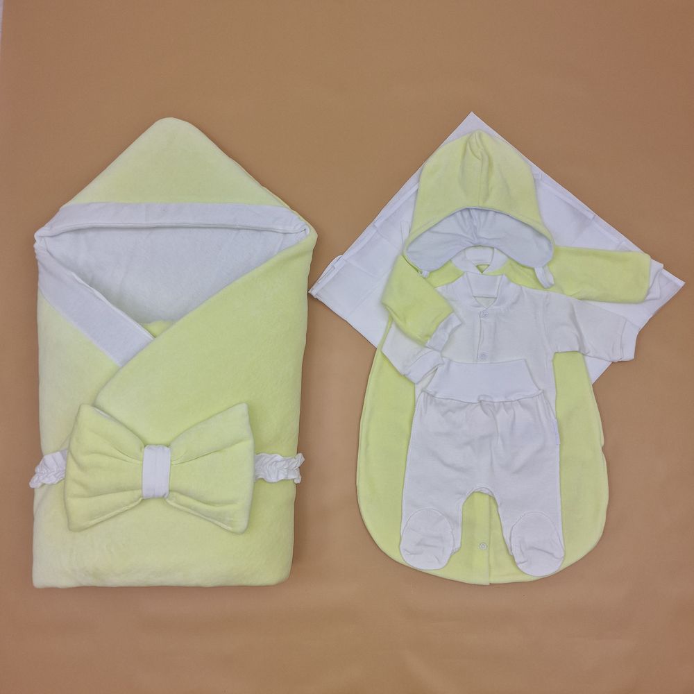 Комплект на выписку 7 пр: одеяло+уголок+конверт+кофточка+шапочка+ползунки+бант артикул анонс 1884в-1-1_о_30