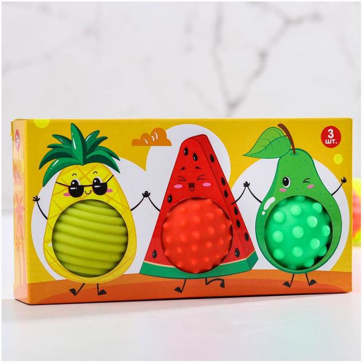 Картинка Набор развивающих тактильных мячиков «Фруктовая тусовка», с пищалкой, 3 шт, Крошка Я (№4916701) от магазина Мир детей Товары для Новорожденных