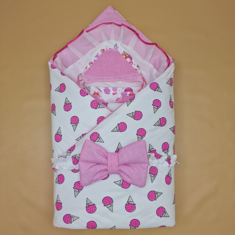 Комплект на выписку 12 пр: одеяло+пододеяльник+уголок+2 пеленки+3 распашонки+3 чепчика+бант артикул анонс 1878б-2-2_о_06