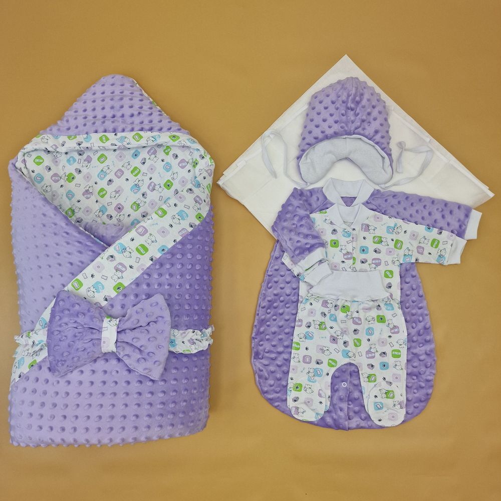 Комплект на выписку 7 пр: одеяло+уголок+конверт+кофточка+шапочка+ползунки+бант артикул анонс 1884в-1-1_о_21