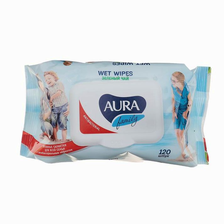 № 3823764 Влажные салфетки AURA FAMILY, для всей семьи, с антибактериальным эффектом 120 шт