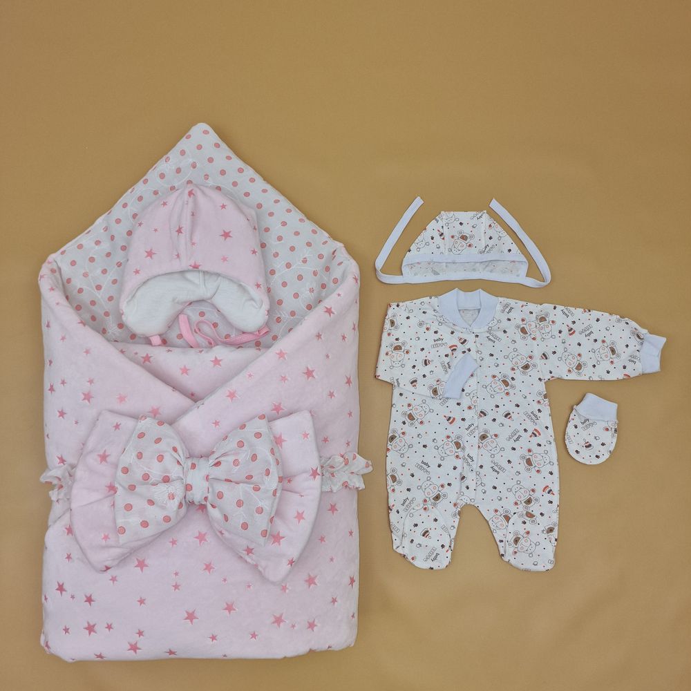 № 1886в-1-1_о Комплект на выписку 6 пр: одеяло+комбинезон+шапочка+чепчик+рукавички+бант