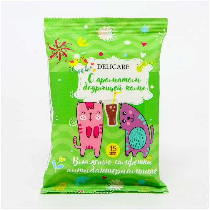 Детские влажные салфетки Delicare коты антибактериальные 15 шт артикул анонс 7992189