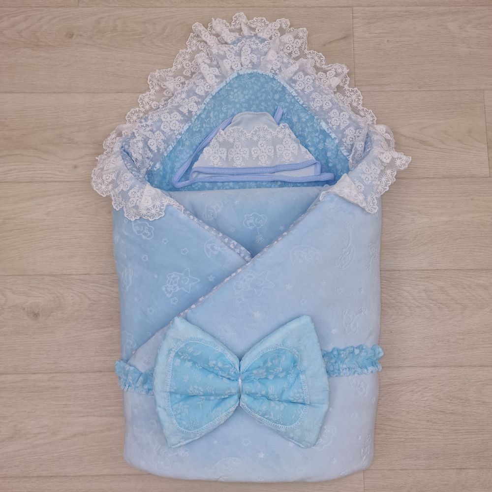 Комплект на выписку 4 пр: одеяло+уголок+чепчик+бант артикул анонс 1867в-0-2_к_15