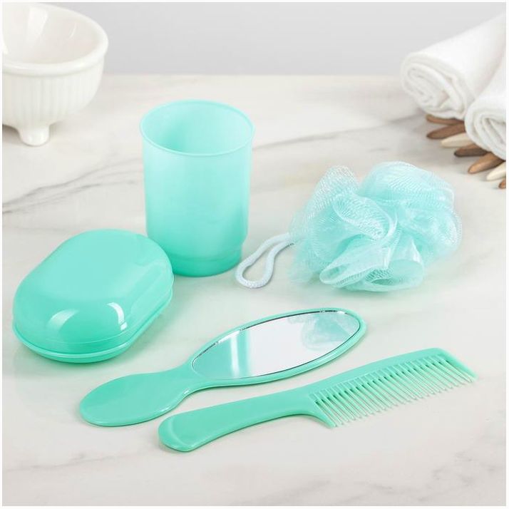 № 614780 Набор дорожный «Дамский», 5 предметов (стакан, мыльница, расчёска, зеркало, мочалка), цвет МИКС