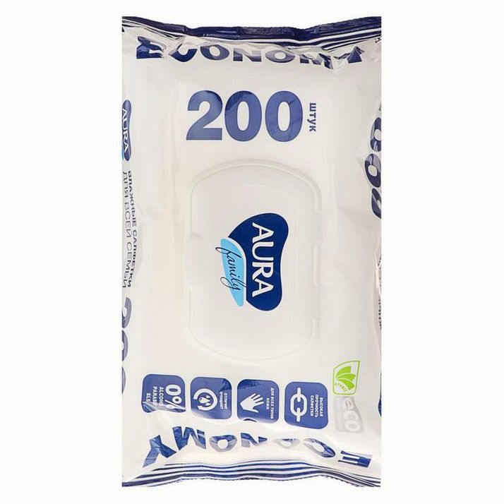 Картинка Влажные салфетки Aura Family, для всей семьи, 200 шт (№3573176) от магазина Мир детей Товары для Новорожденных