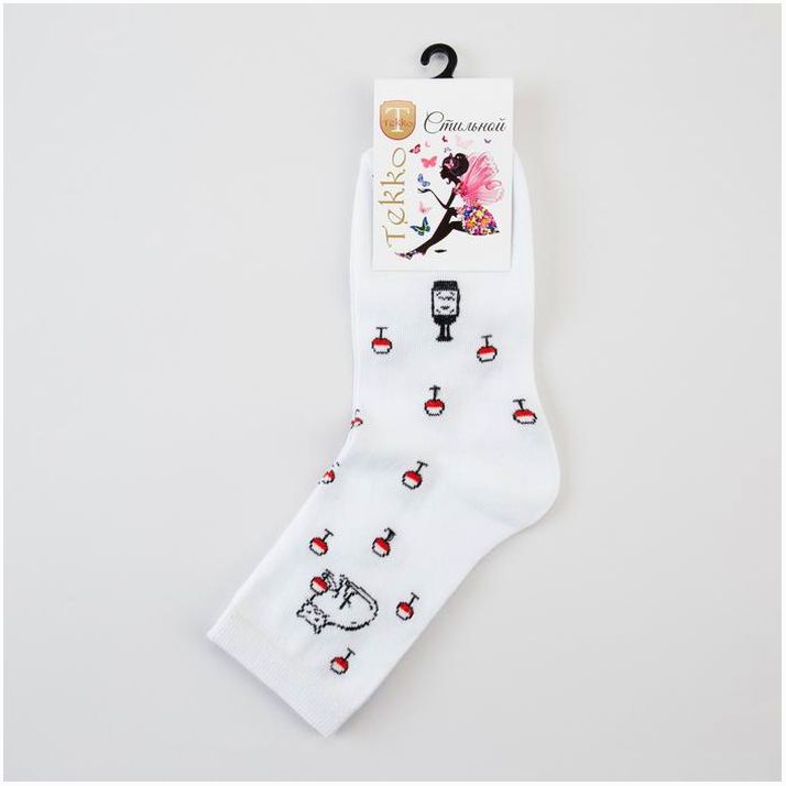 Картинка Носки женские «Киска с бокалом» цвет белый, размер 23-25 (№6850309) от магазина Мир детей Товары для Новорожденных