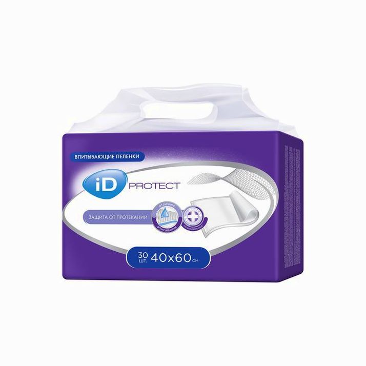 Пелёнки одноразовые впитывающие iD Protect, размер 40x60, 30 шт. артикул анонс 2326060