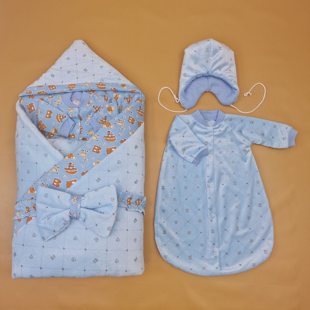 Комплект на выписку 7 пр: одеяло+уголок+конверт+кофточка+шапочка+ползунки+бант артикул анонс 1884в-1-2_о_23