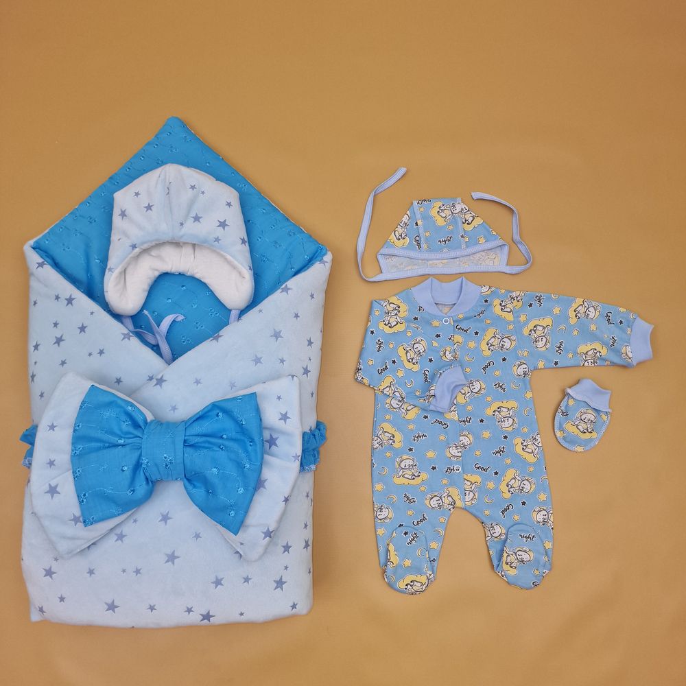 Комплект на выписку 6 пр: одеяло+комбинезон+шапочка+чепчик+рукавички+бант артикул анонс 1886в-0-1_о_30