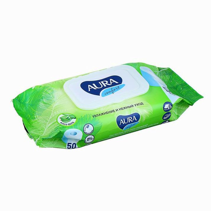 № 3573177 Влажная туалетная бумага AURA ULTRA COMFORT с крышкой, цвет микс,  50 шт