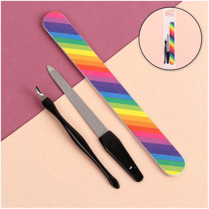 Набор маникюрный, 3 предмета, цвет чёрный/радужный артикул анонс 4103280