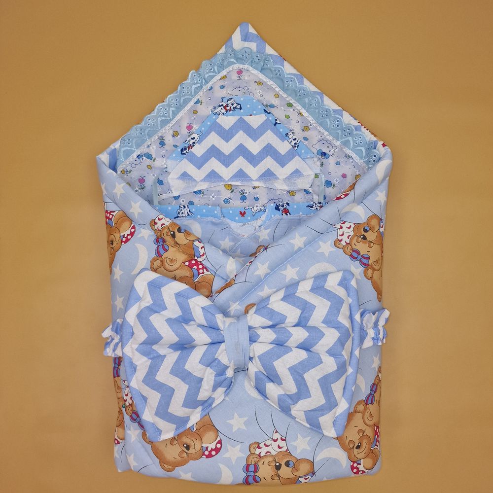 Картинка Конверт комплект на выписку 7 пр: одеяло+уголок+пеленка+2 распашонки+чепчик+бант (№1880б-2-1_о) цвета в ассортименте от магазина Мир детей Товары для Новорожденных