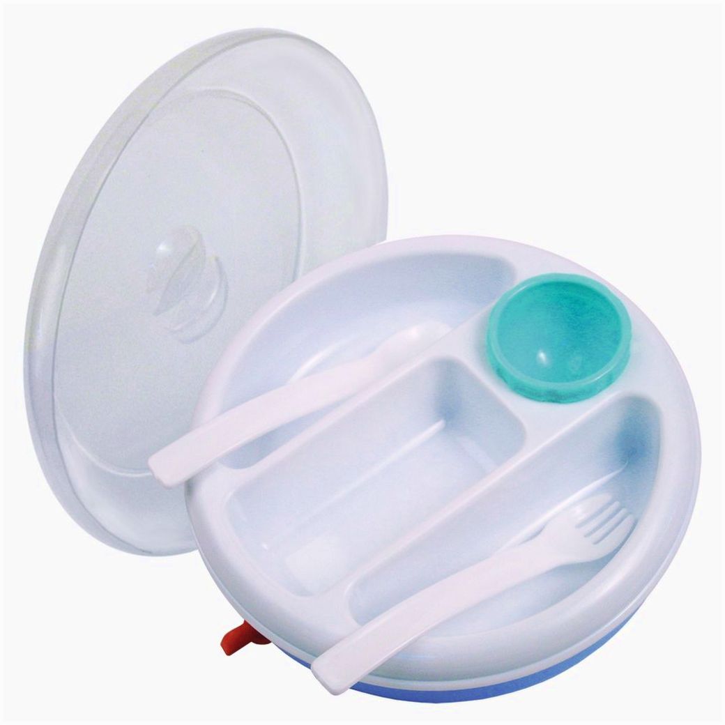 Набор для кормления: тарелка на присоске с крышкой с подогревом, ложка, вилка (полипропилен) артикул анонс 10236К