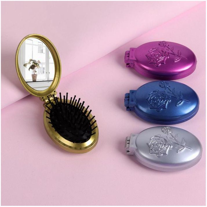 Расчёска массажная «Перламутровая роза», складная, с зеркалом, 5,5 ? 9 см, цвет МИКС артикул анонс 258963