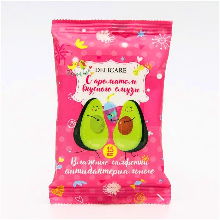 Детские влажные салфетки Delicare авокадо антибактериальные 15 шт артикул анонс 7992190