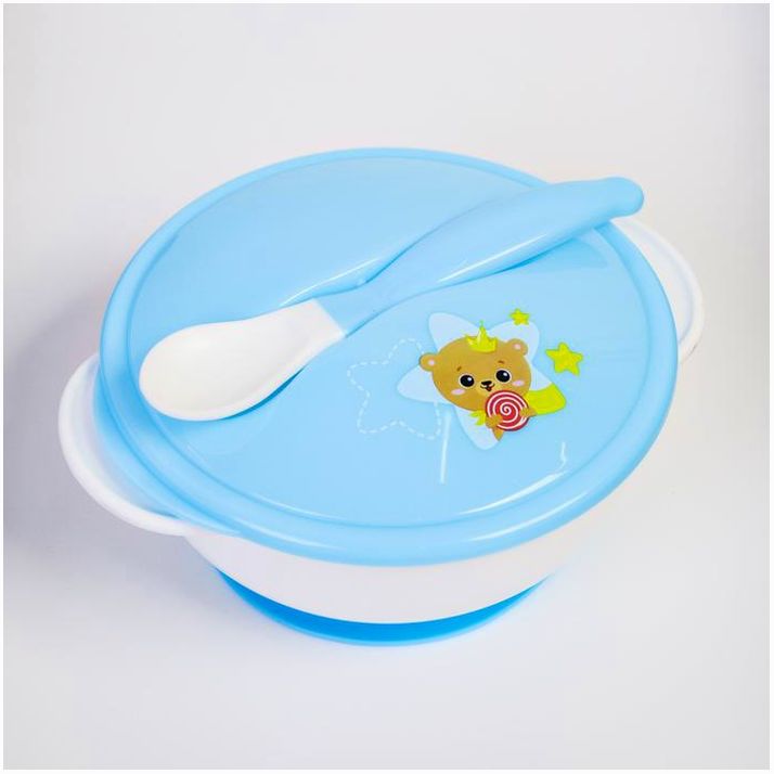 Картинка Набор посуды «Счастливый малыш», 3 предмета: тарелка на присоске, крышка, ложка, цвет голубой (№3630401) от магазина Мир детей Товары для Новорожденных