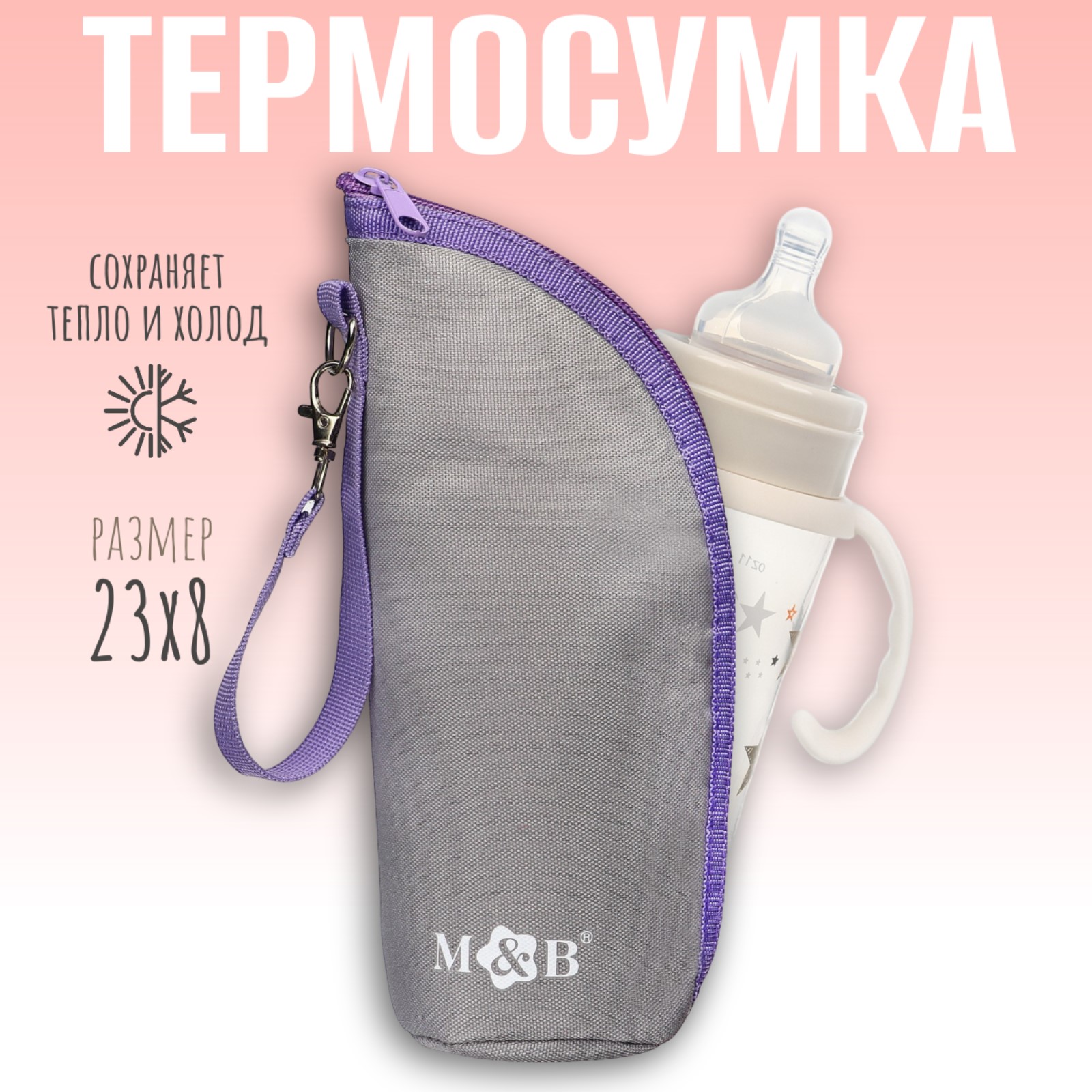 Термосумка для бутылочки на молнии цвет серый/лаванда артикул анонс 9603029