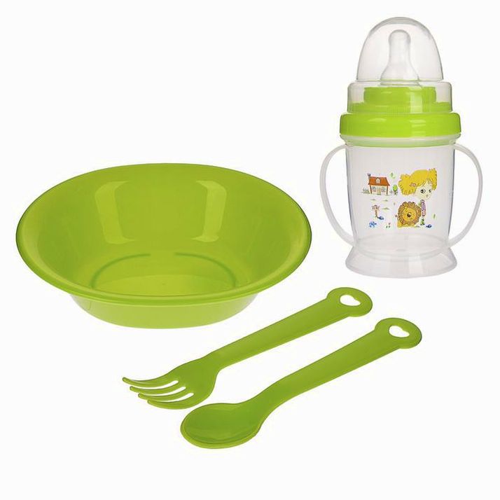 Набор детской посуды, 4 предмета: миска, ложка, вилка, бутылочка 200 мл, цвета МИКС артикул анонс 2825393